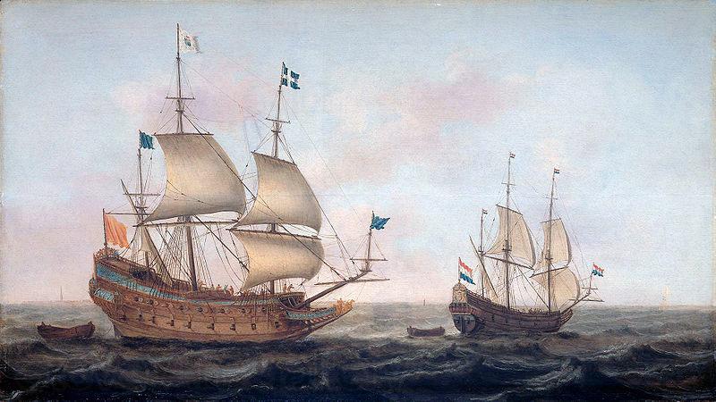 Jacob Gerritz. Loeff, Monogrammist JGL French man-of-war escorted by a Dutch ship in quiet water Spain oil painting art